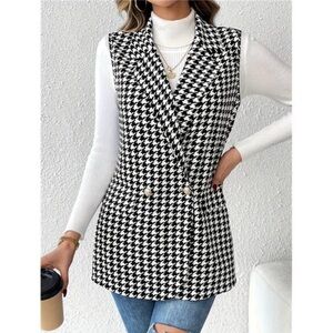 New! Elegant Houndstooth Pattern Sleeveless Button Vest